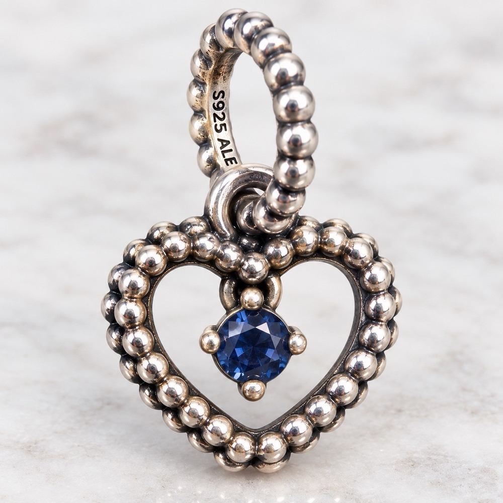 Authentic Pandora September Sea Blue Beaded Heart Dangle Charm 798854C12 925